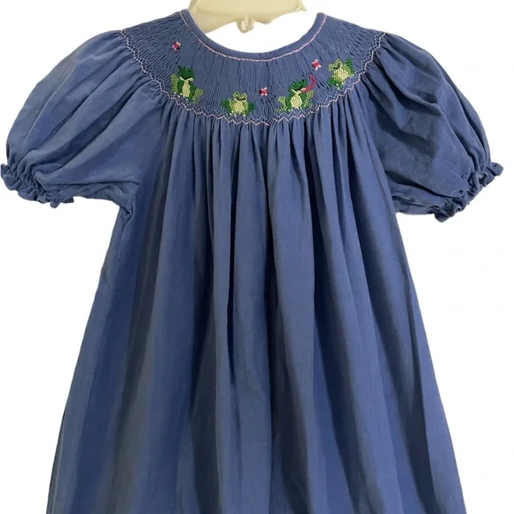 Anavini girls smocked frogs bishop long corduroy dress blue pink 6X - Picture 2 of 7